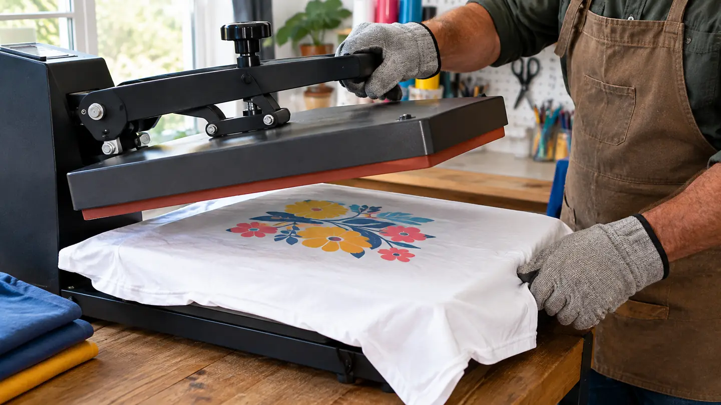 A close view of a heat press platen pressing a design onto a shirt on the lower platen