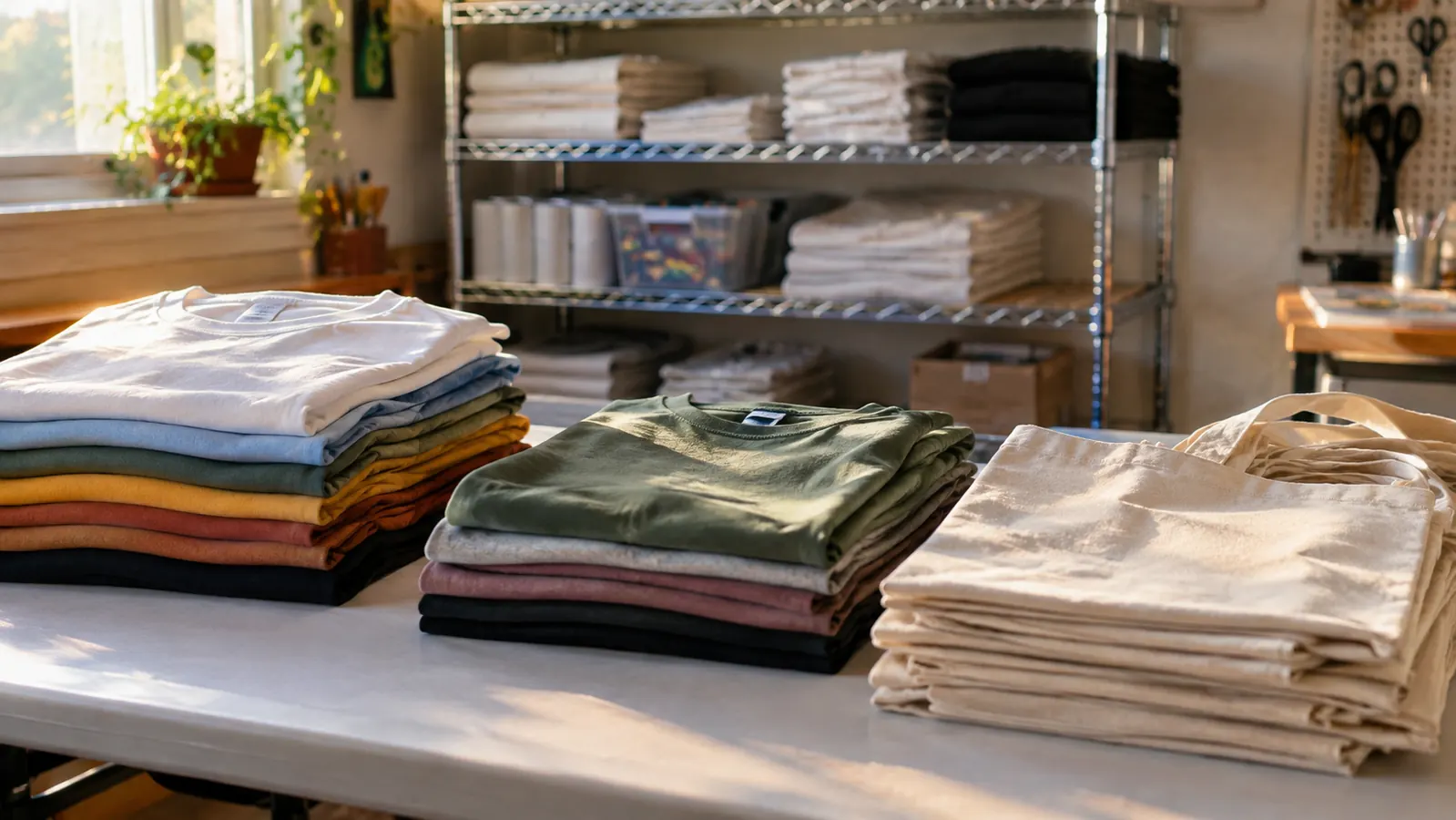 A stack of finished shirts and tote bags on a craft room table after pressing
