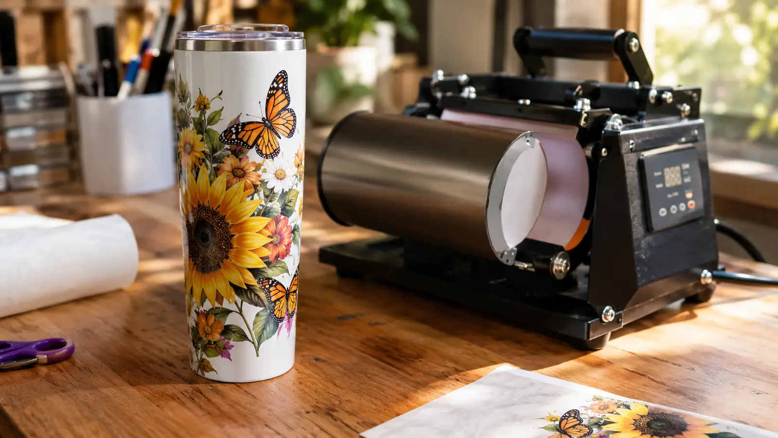 A white tumbler with a finished design sitting on a craft table next to a tumbler press