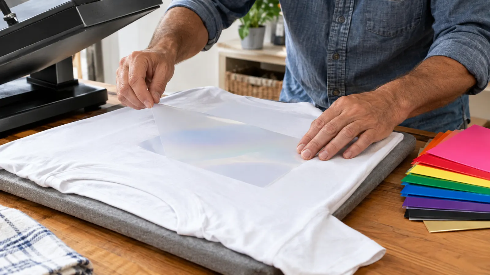 A hand placing a sheet of heat transfer vinyl on a plain shirt before pressing
