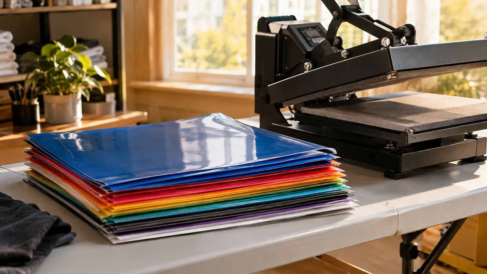 A stack of assorted heat transfer vinyl sheets in a home craft room