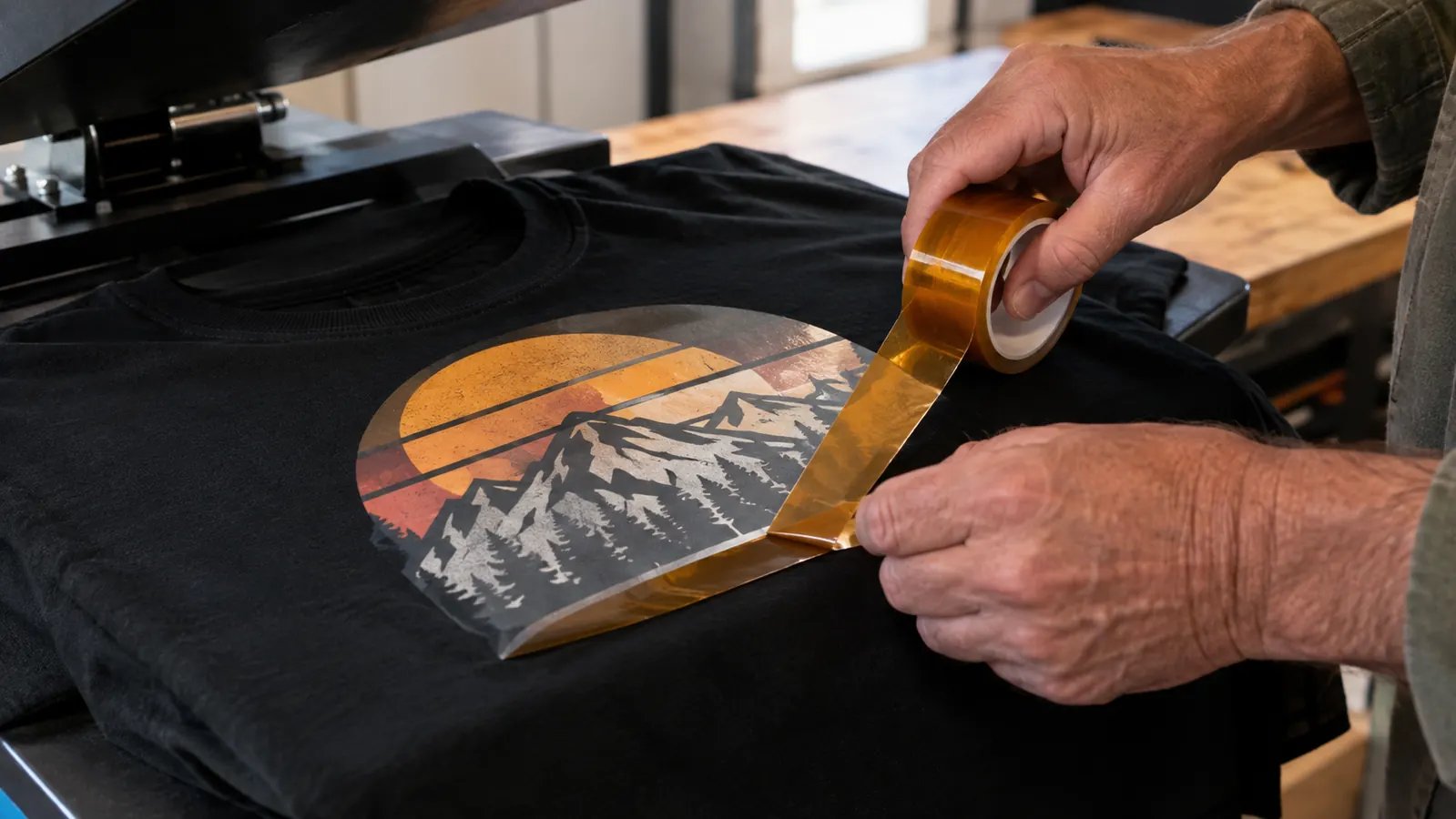 A roll of heat resistant tape being pulled across the edge of a design on a t-shirt before pressing