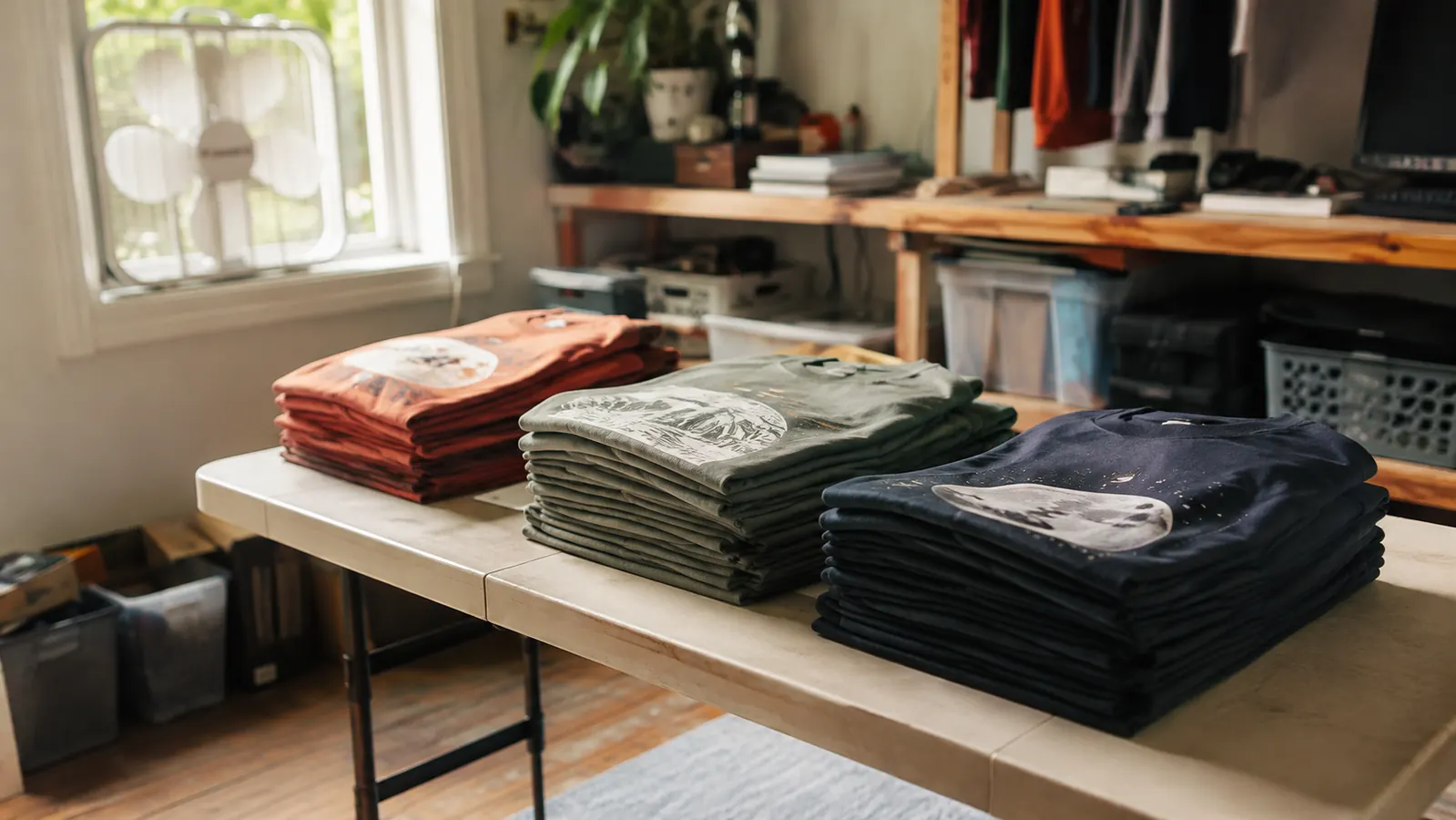 A stack of finished t-shirts with pressed designs on a folding table in a home craft room