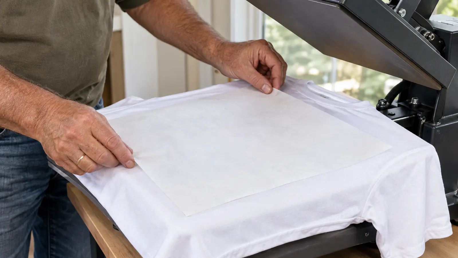 A hand placing a sheet of sublimation paper face down on a white shirt on a heat press