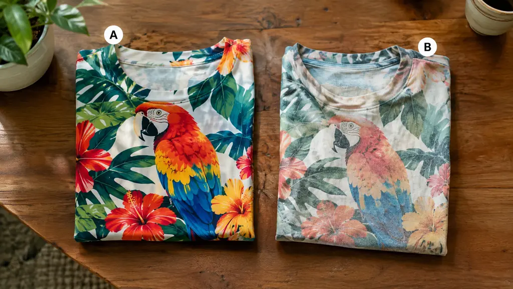 A side by side comparison of two printed shirts, one with bright vivid colors and one with faded colors