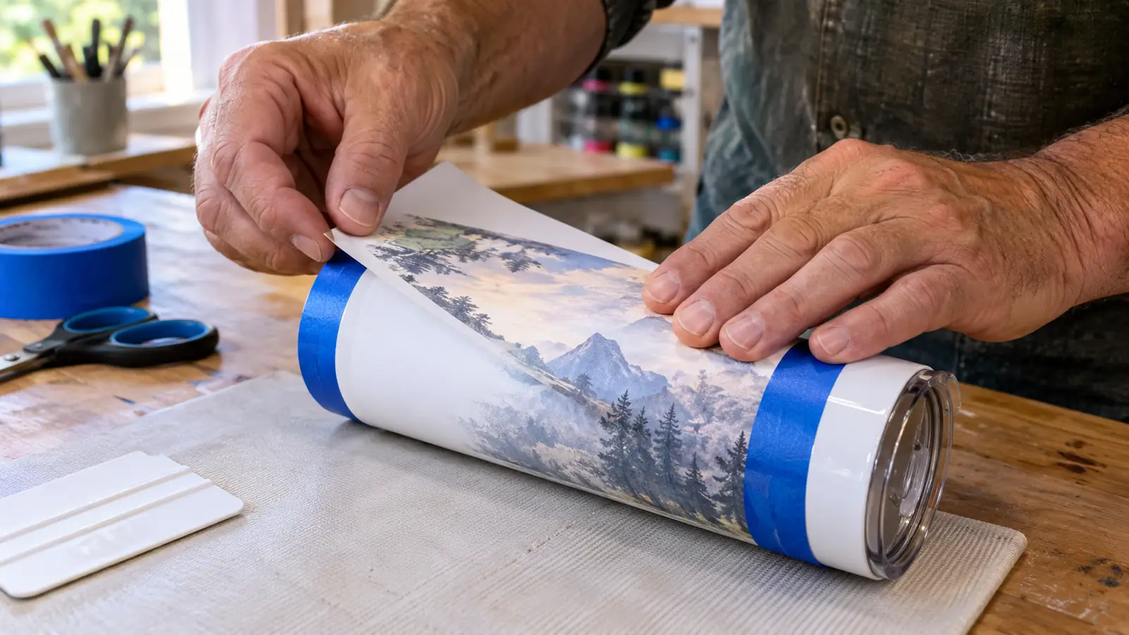 A hand placing a printed sheet of sublimation paper face down on a white tumbler wrapped in heat tape