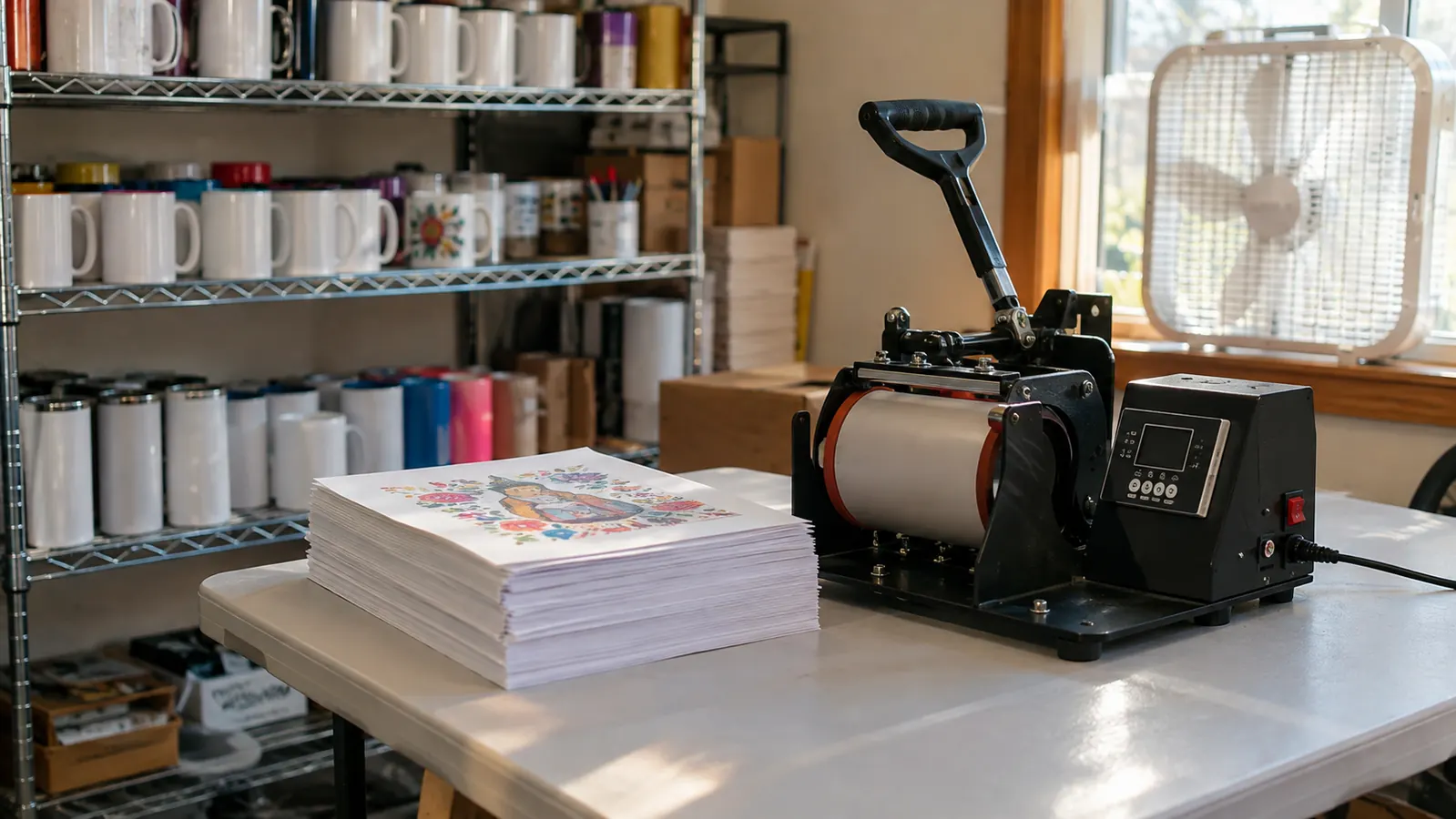 A stack of printed sublimation paper sheets beside a mug press in a home craft room