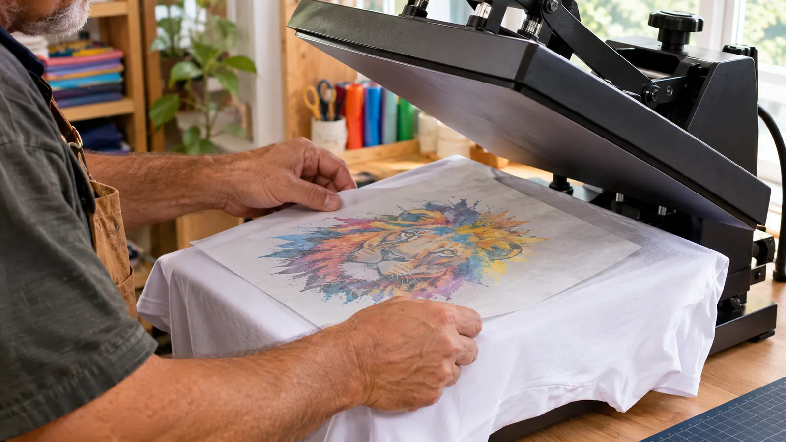 A hand placing a printed sheet of sublimation paper onto a shirt on a heat press