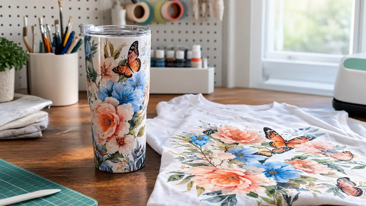 A finished sublimated tumbler and shirt on a craft room table, soft daylight, no people