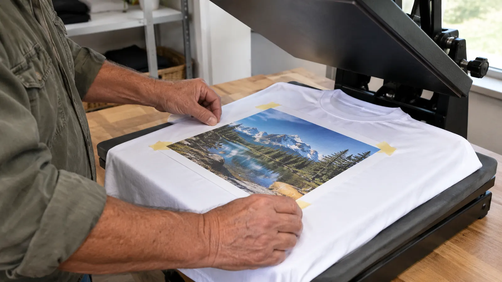 A hand placing a printed sheet of sublimation paper onto a shirt on a heat press platen
