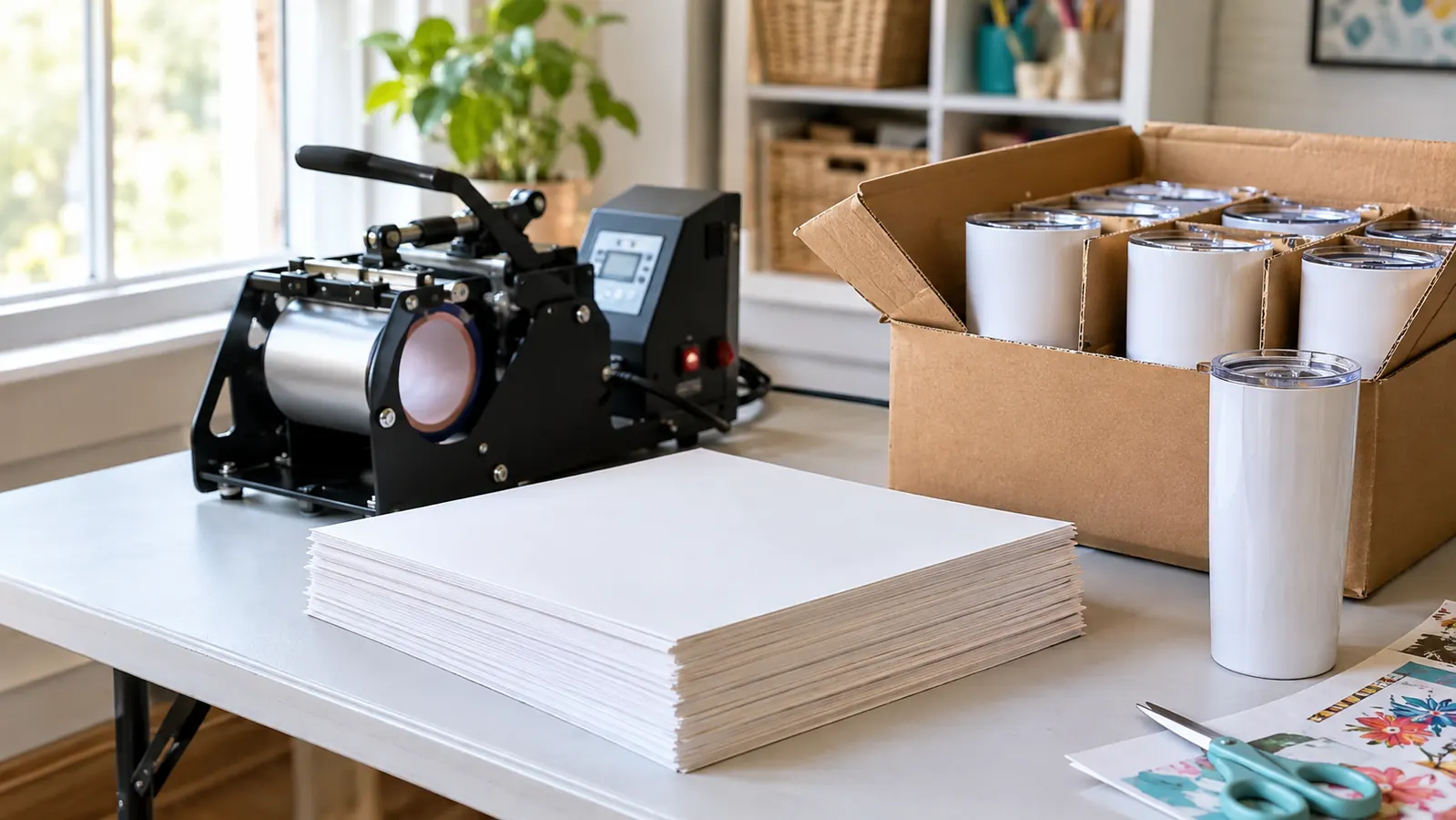 A stack of flat sublimation paper sheets on a table next to a mug press