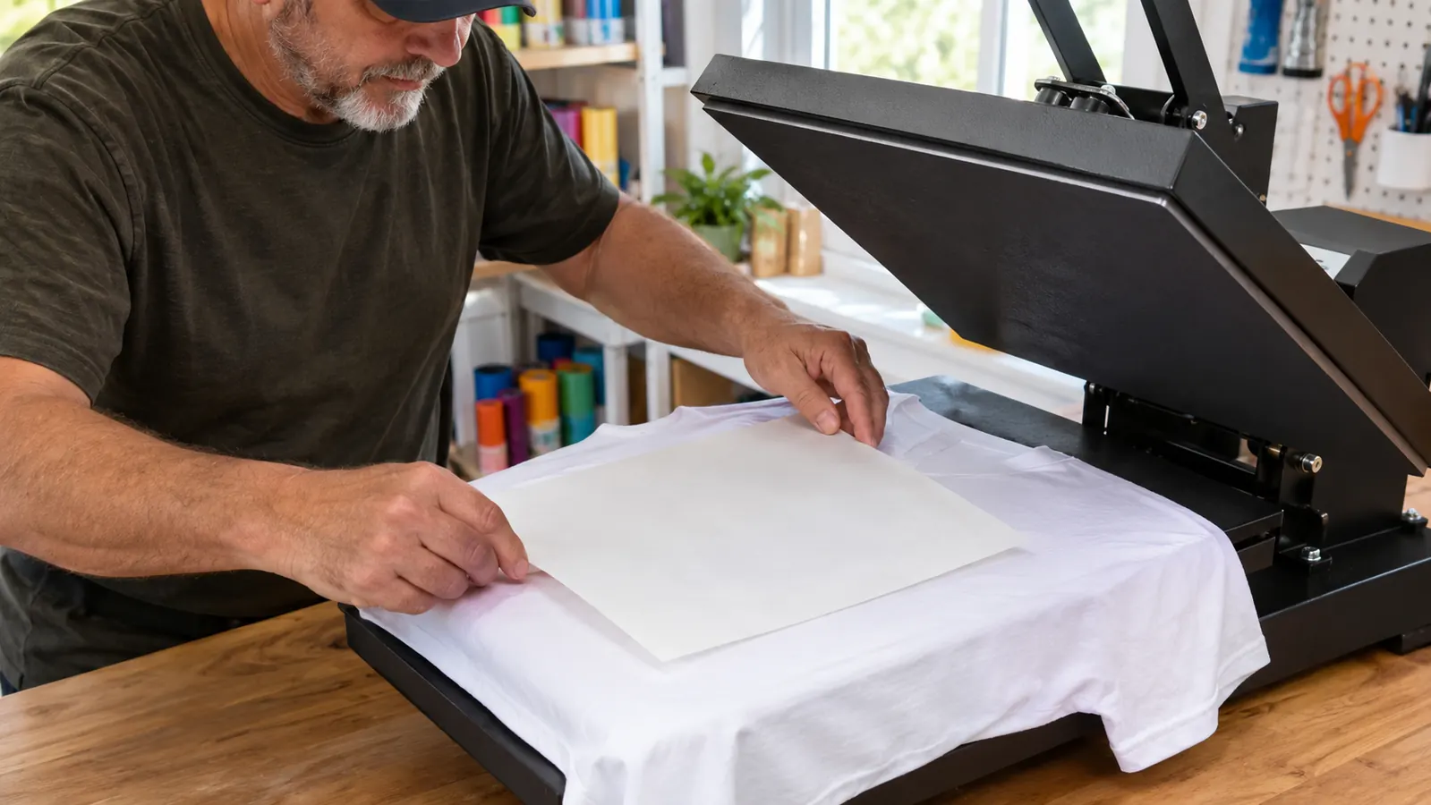 A hand placing a printed sublimation sheet face down on a white shirt before pressing