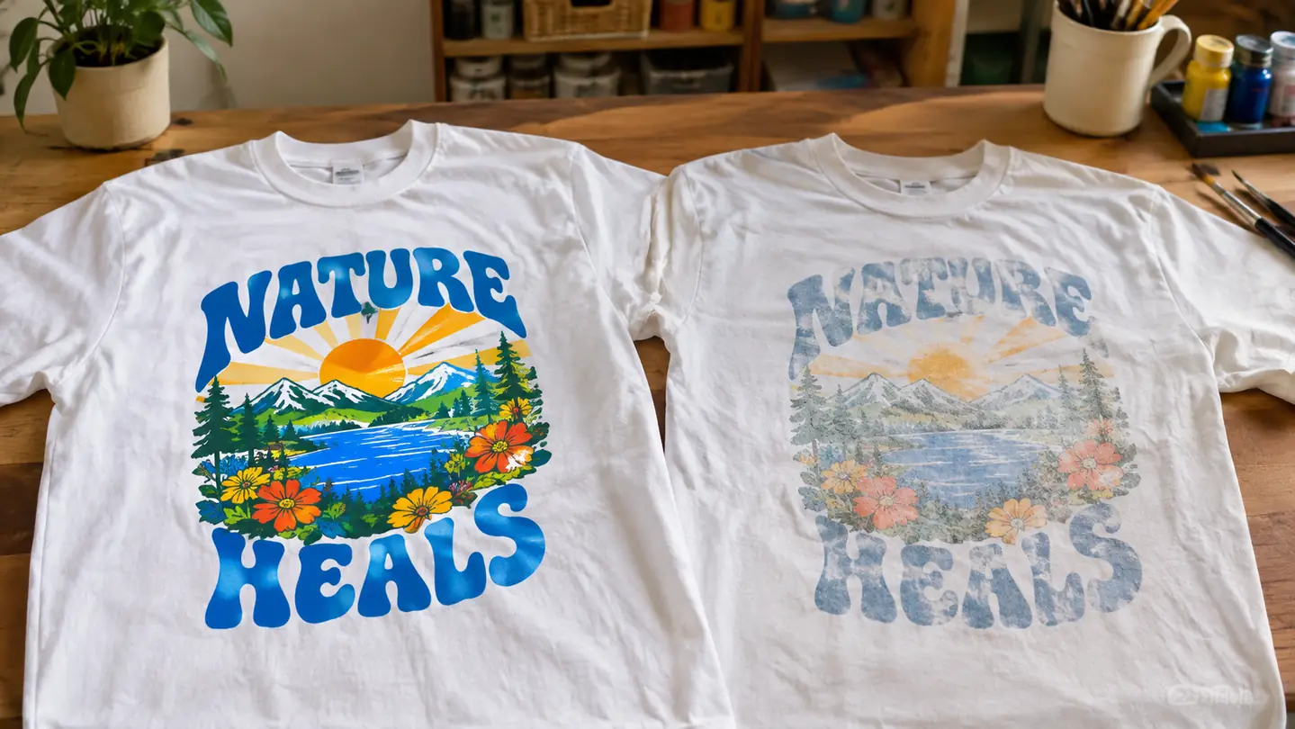 Two white shirts side by side, one with a bright vivid design and one with a faded washed out design