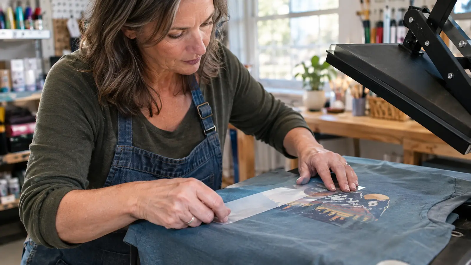 A woman in her fifties smoothing a strip of tape over a design on a shirt before pressing