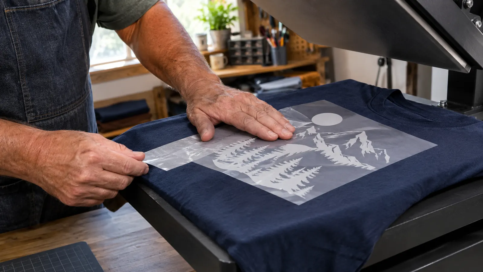 A strip of heat tape holding vinyl in place on a shirt before pressing