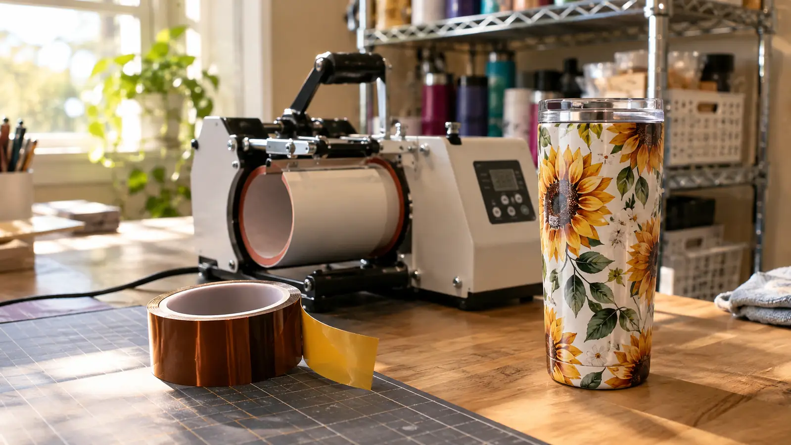 A roll of heat tape on a craft table next to a mug press and a tumbler