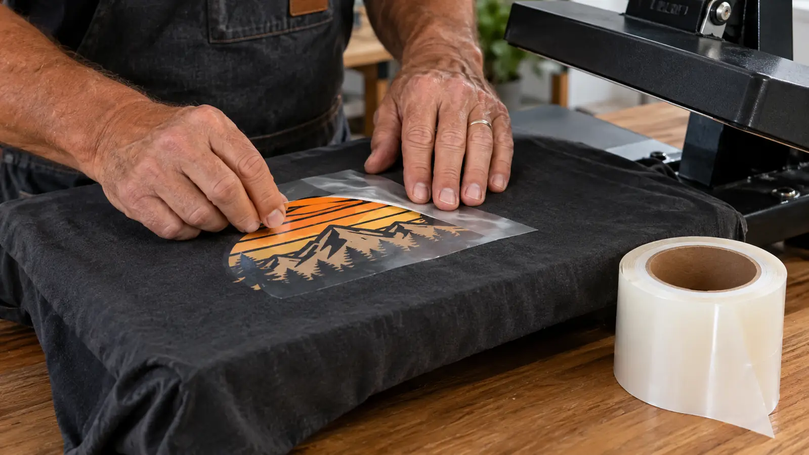 A hand pressing a strip of heat tape over the edge of a design on a shirt on a heat press platen