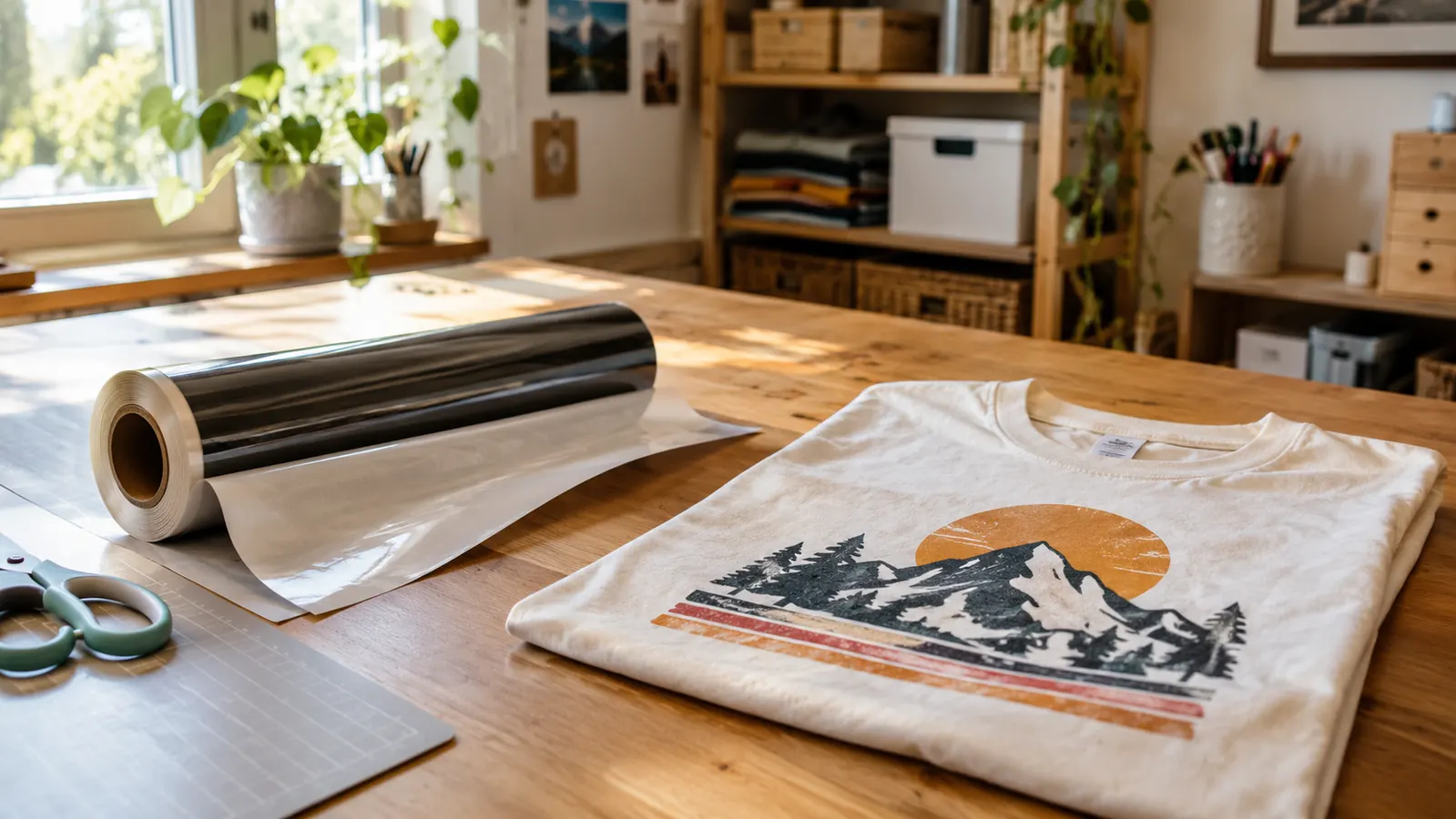 A roll of heat tape on a craft table next to a finished pressed shirt