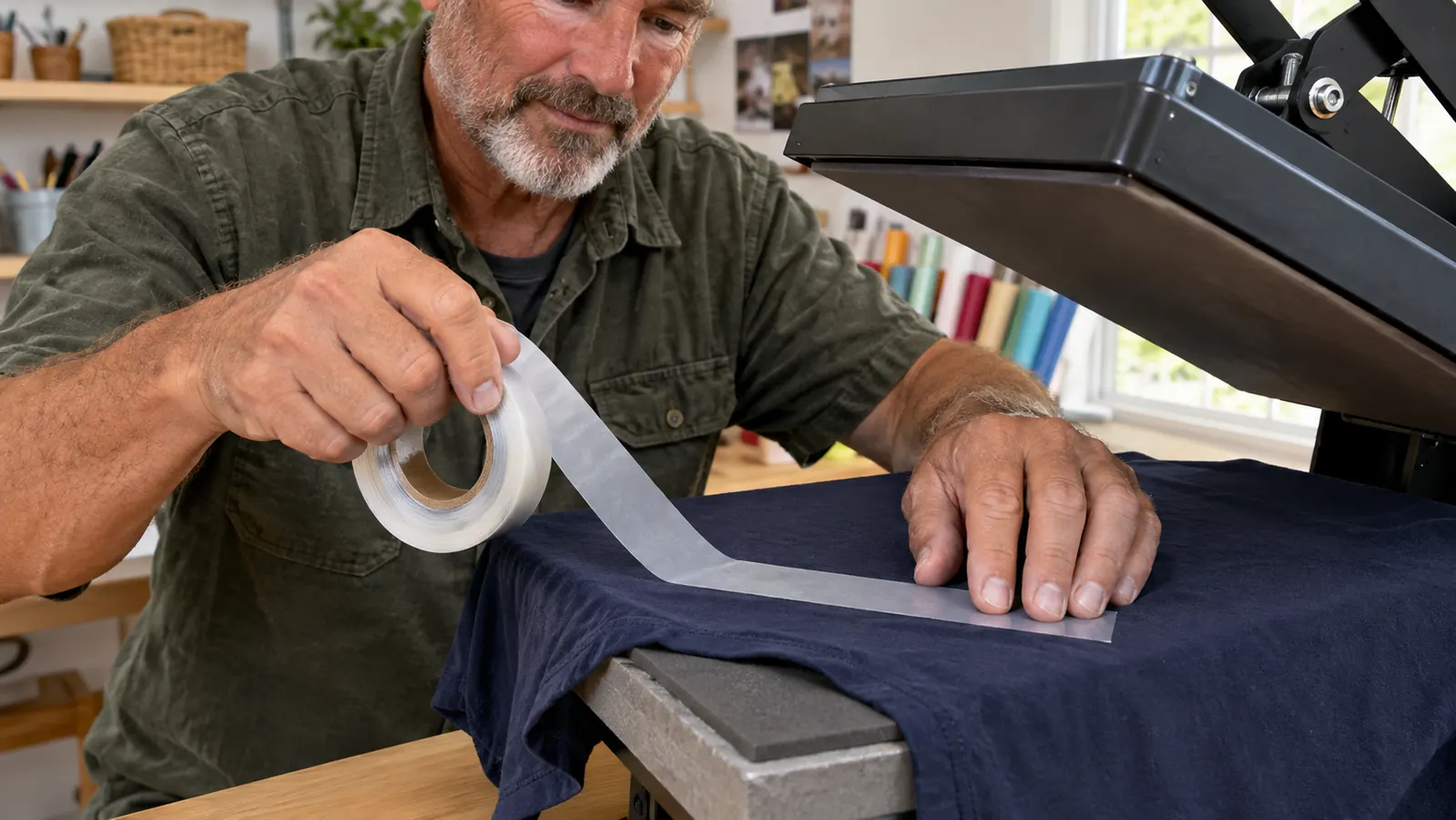 A roll of heat tape being pulled across a shirt hem to hold it flat before pressing