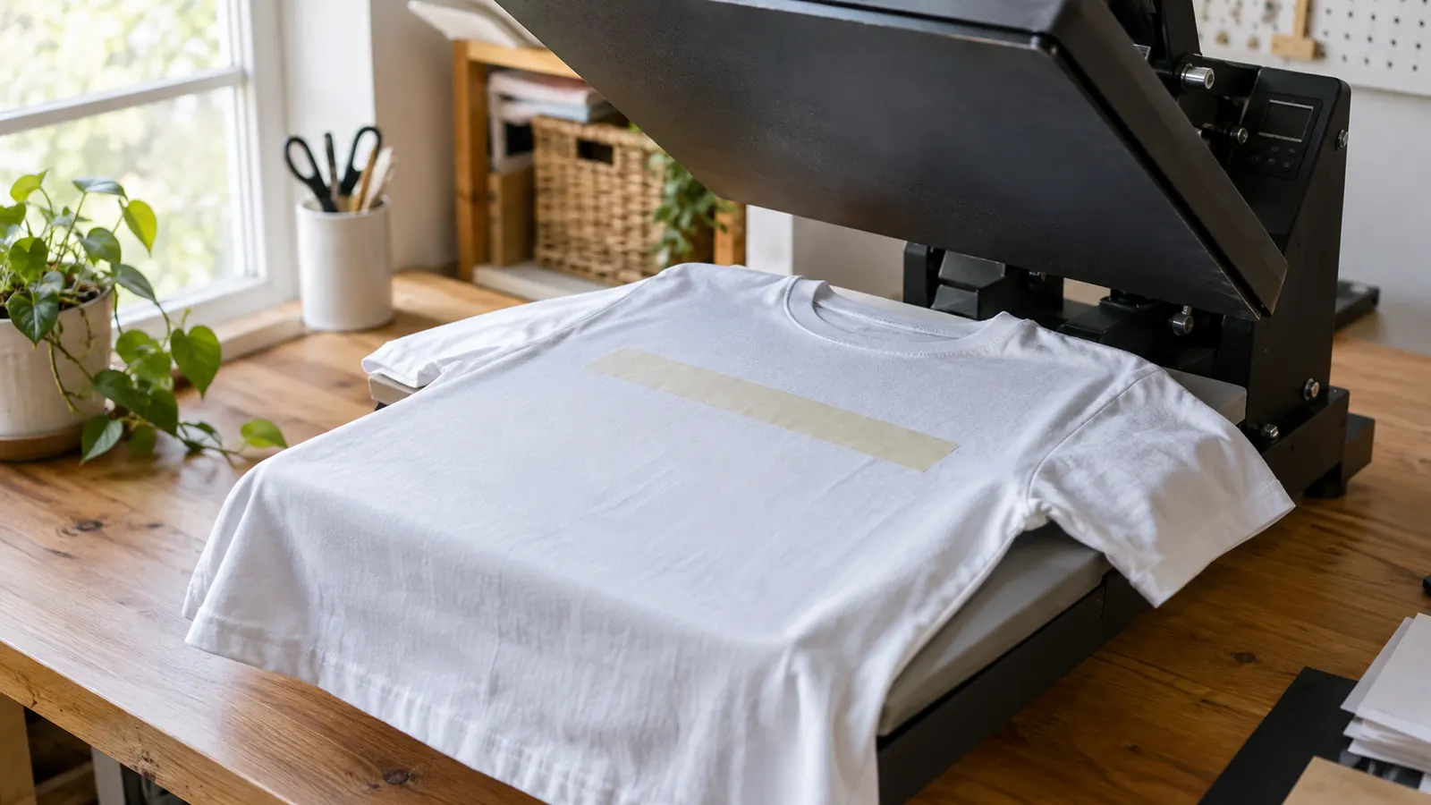 A shirt with a strip of heat tape across the design area, ready for pressing
