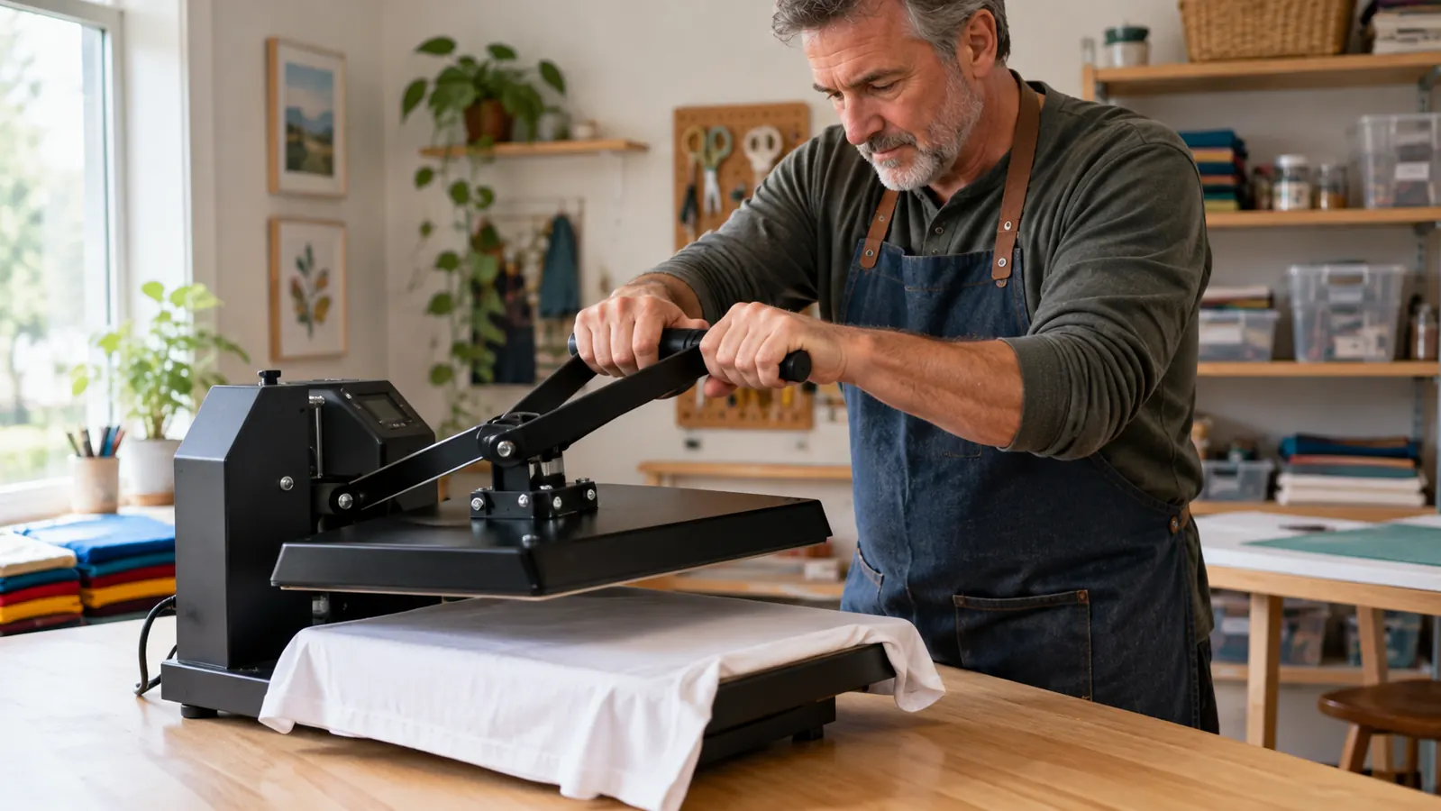Close view of hands lowering the heat press handle over a t-shirt laid flat on the lower platen at a home craft table