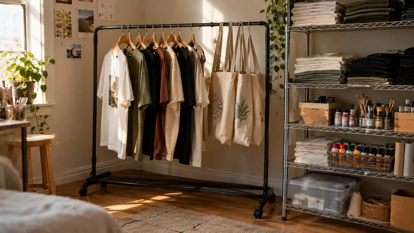 Finished t-shirts and canvas totes hanging on a rack beside a wire shelf of blank supplies in a home craft room