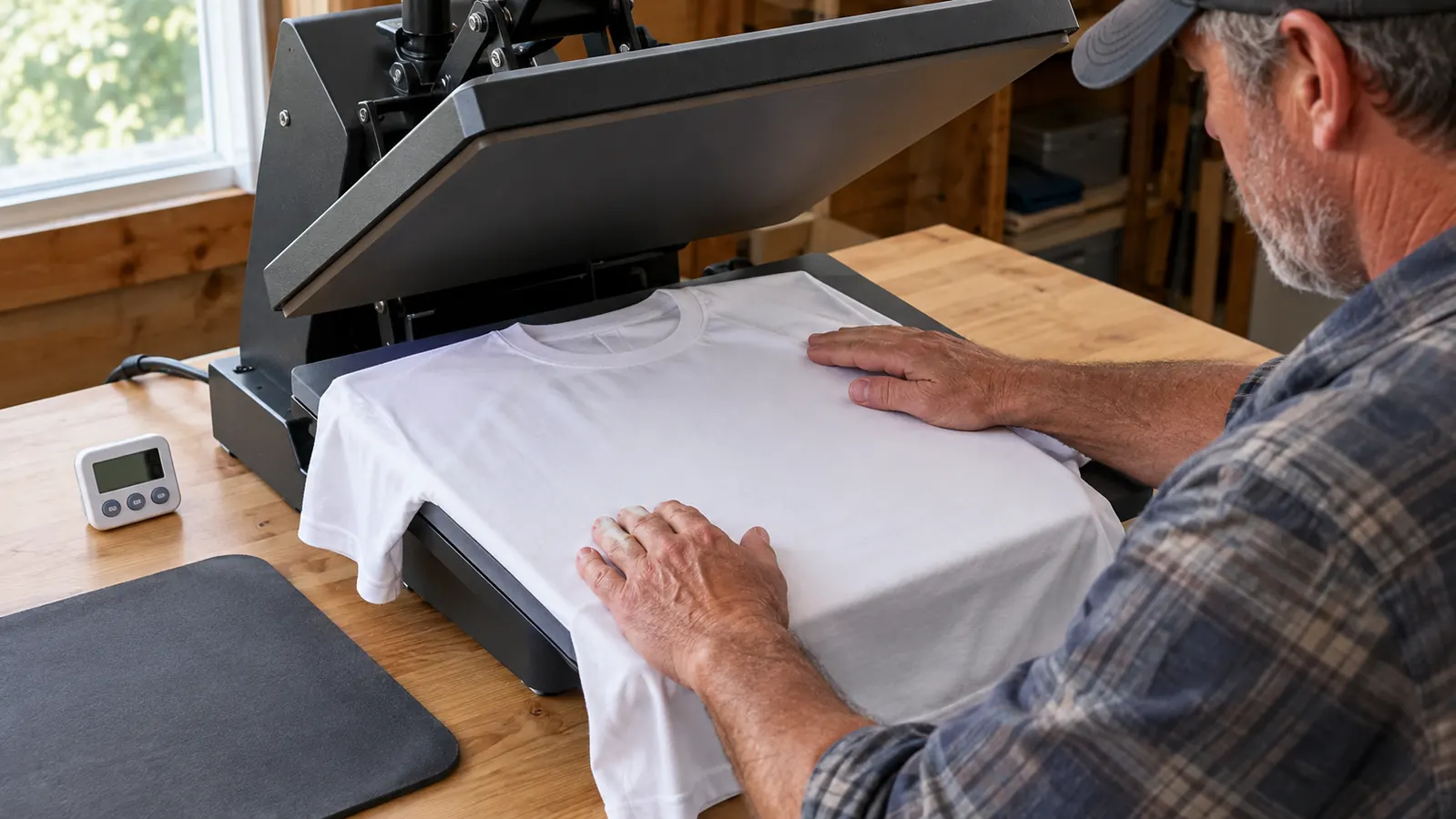 A hand placing a shirt on the lower platen of a heat press, ready to press