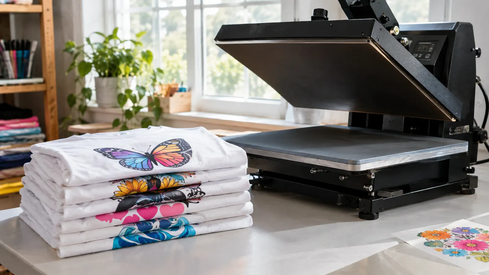 A stack of freshly pressed custom t-shirts beside an open heat press