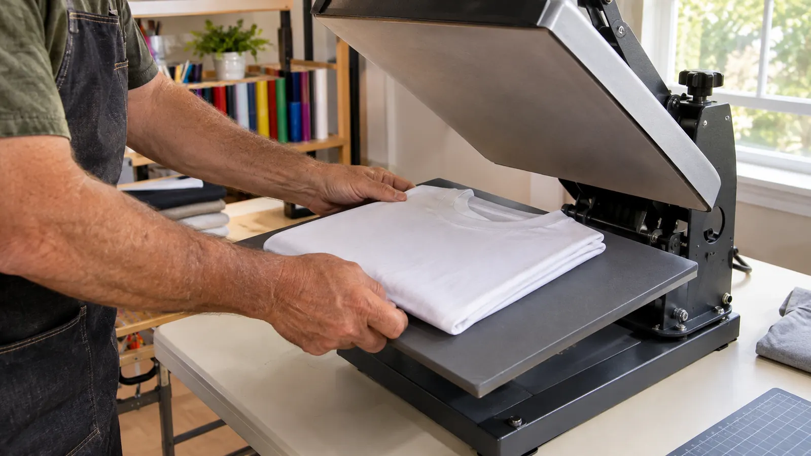 Hands placing a blank t-shirt on the lower platen of a heat press with the upper platen lifted