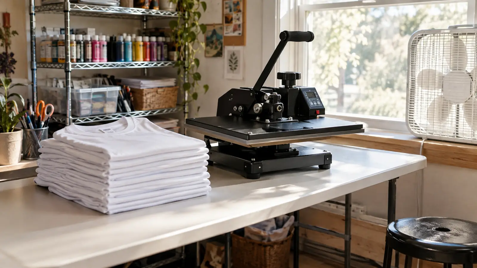 A heat press on a folding table in a home craft room with a stack of folded blank shirts nearby