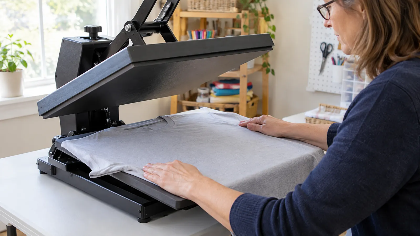 A heat press open on a folding table with a shirt laid out on the lower platen, a woman's hands smoothing the shirt before pressing