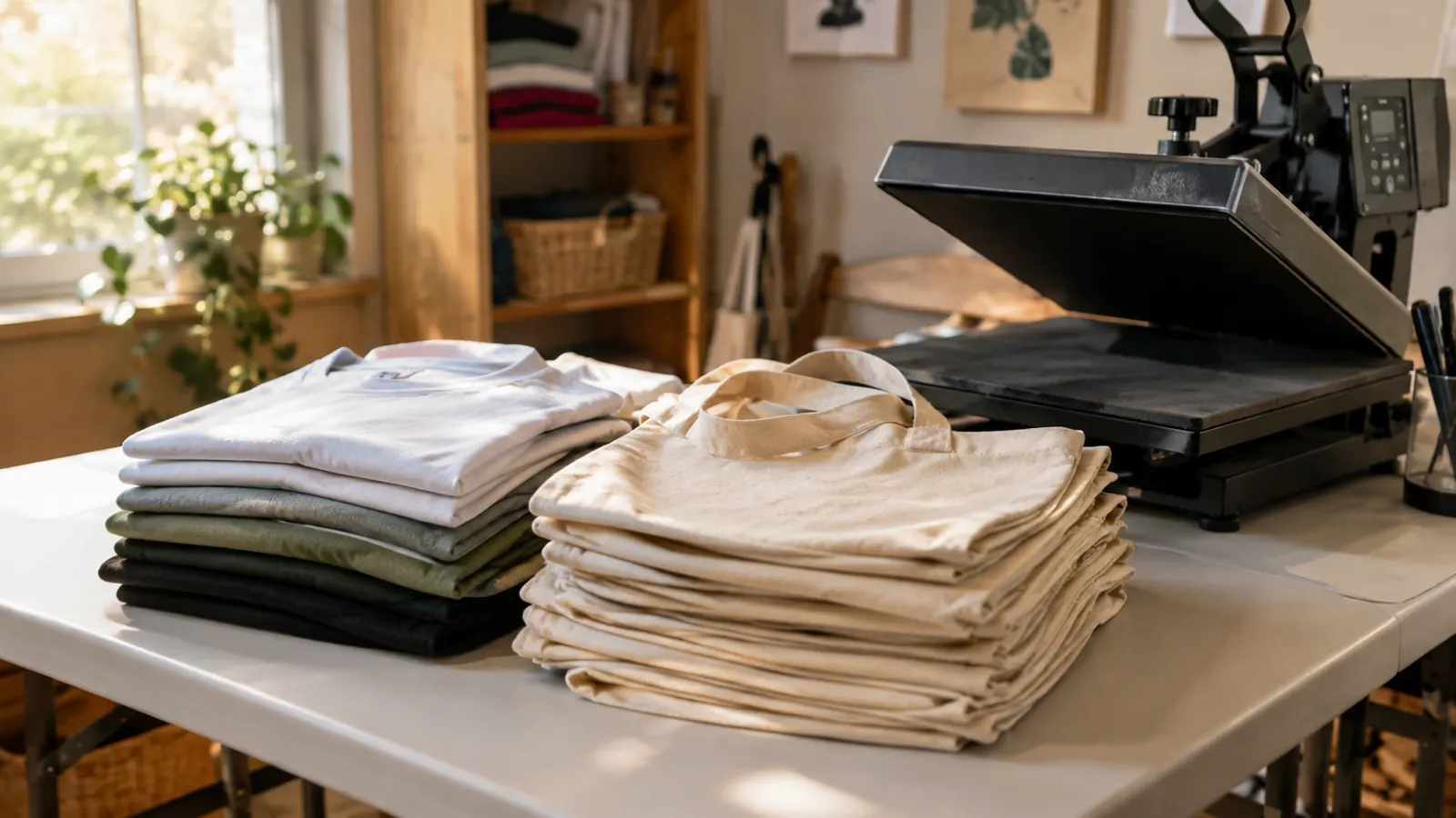 A stack of finished shirts and tote bags folded on a table beside a heat press in a home craft room