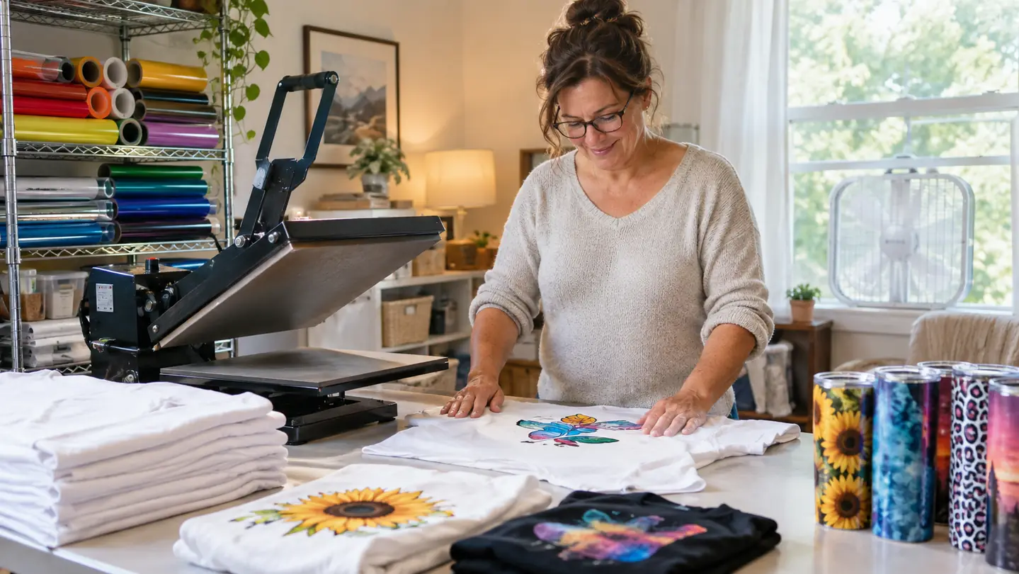 A woman in her fifties smoothing a freshly pressed custom t-shirt beside a clamshell heat press in a bright home craft room