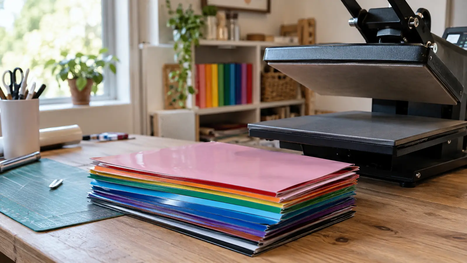 A stack of vinyl sheets in assorted colors on a craft table next to a heat press