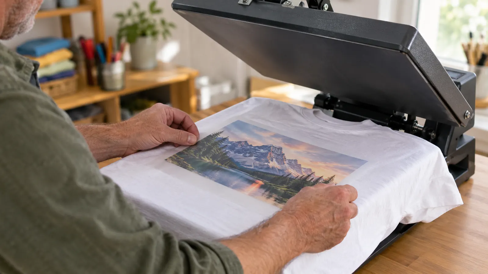 A hand placing a printed transfer face-down on a plain t-shirt laid flat on the lower platen of a heat press