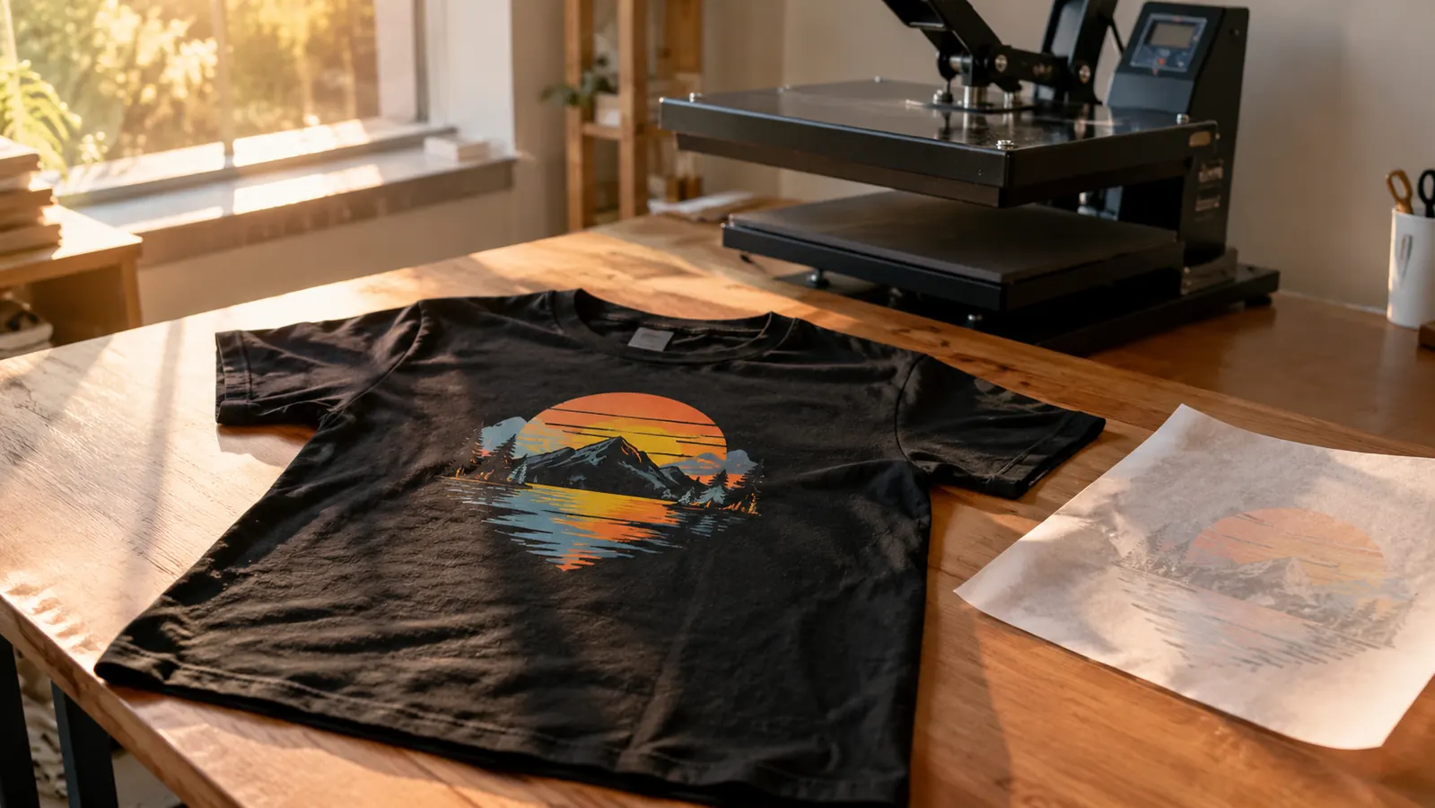 A t-shirt laid flat on a table with a peeled transfer sheet beside it, showing a finished custom design
