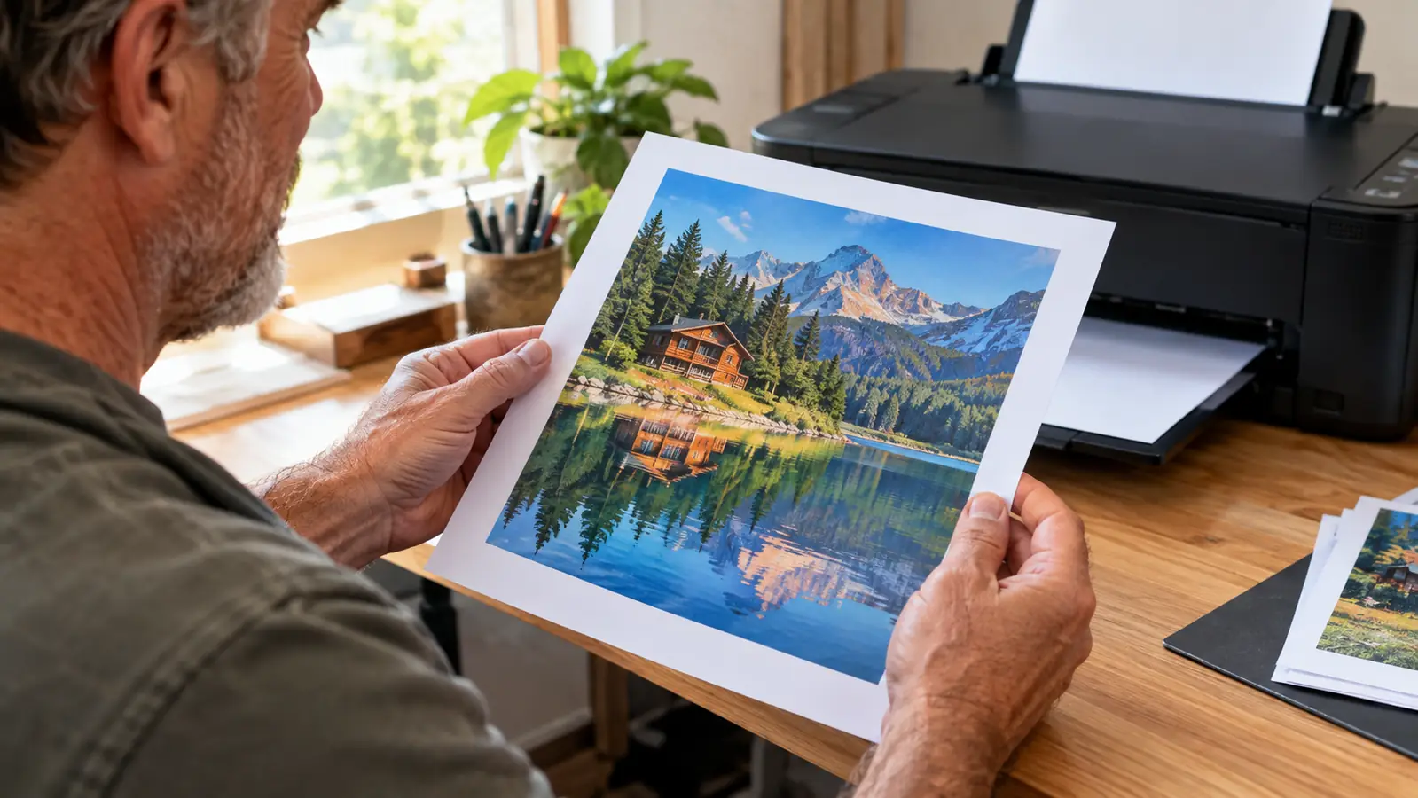 A hand holding a sheet of sublimation paper printed with a colorful design next to a printer