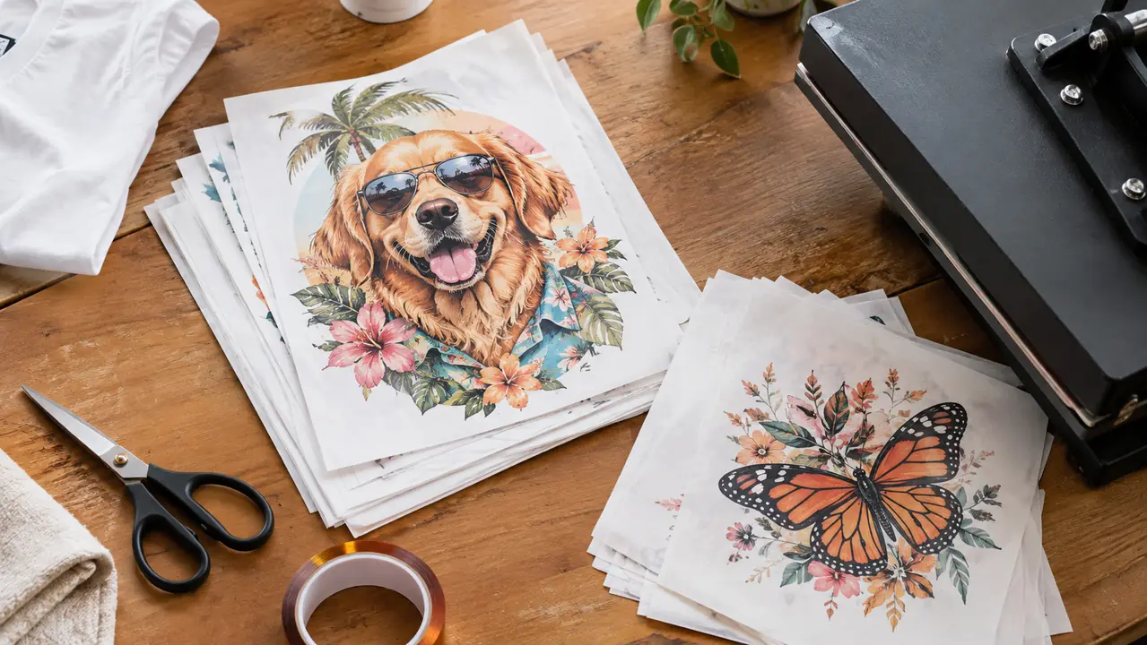 A stack of printed sublimation transfers on a craft table next to a heat press