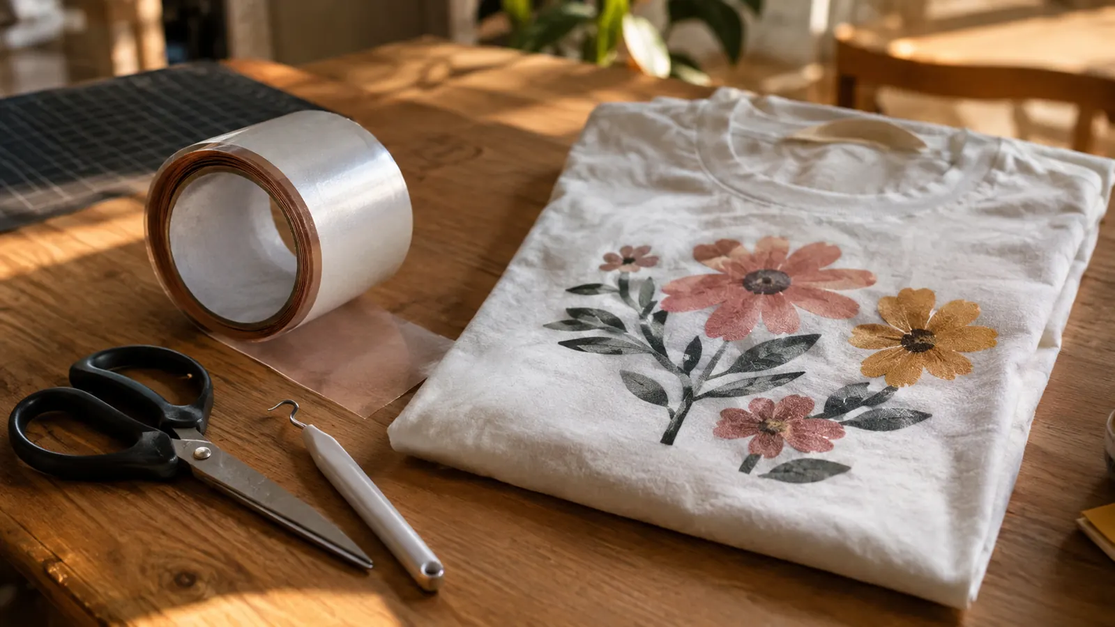 A roll of heat tape sitting on a craft table next to a finished pressed shirt