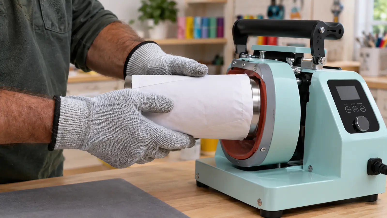 A hand in a heat-resistant glove pressing a wrapped tumbler against the heating element of a tumbler press