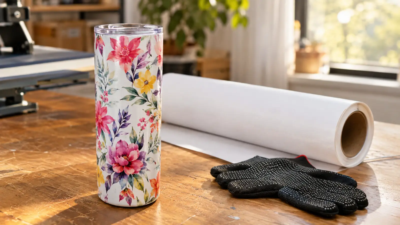 A finished sublimated tumbler with a floral design sitting on a craft table next to a roll of butcher paper