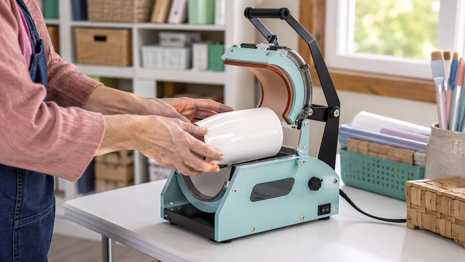 A woman in her fifties placing a blank tumbler into a tumbler heat press on a folding table