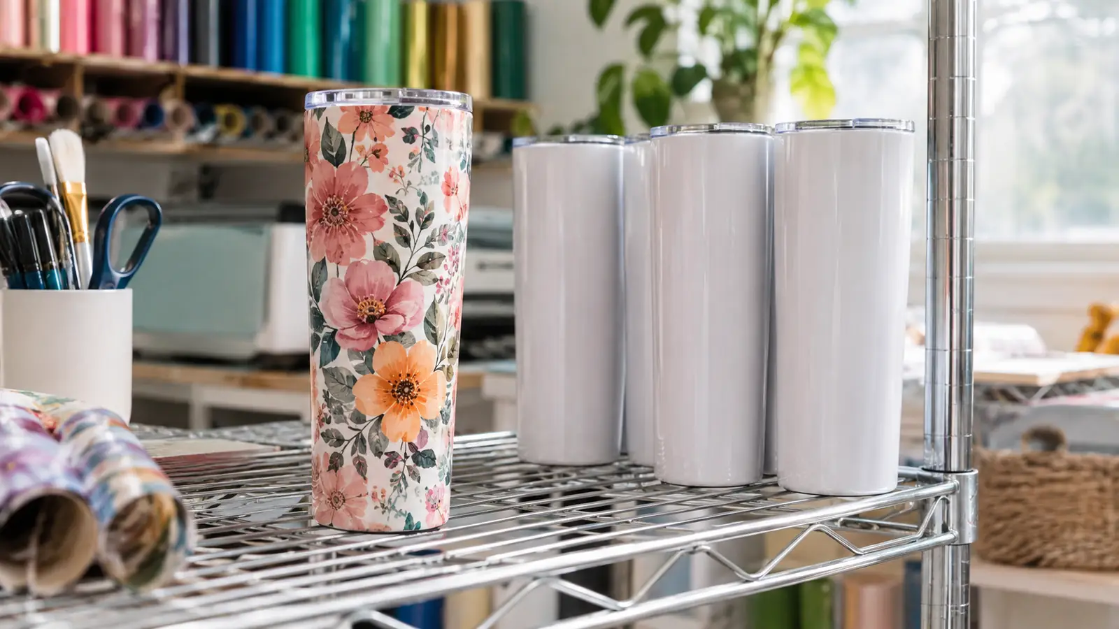 A finished sublimation tumbler with a floral design sitting on a wire shelf next to a stack of blank tumblers