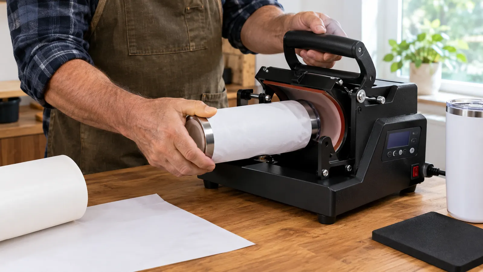 A hand placing a wrapped tumbler into an auto tumbler heat press on a home worktable