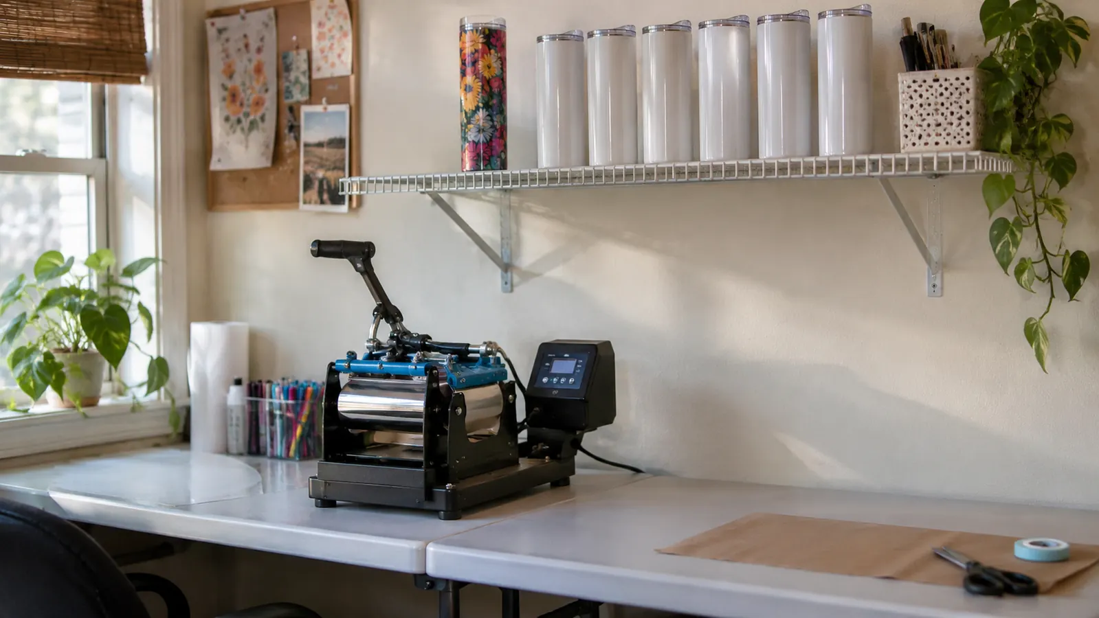 A finished sublimation tumbler on a wire shelf beside blank tumblers in a home craft room