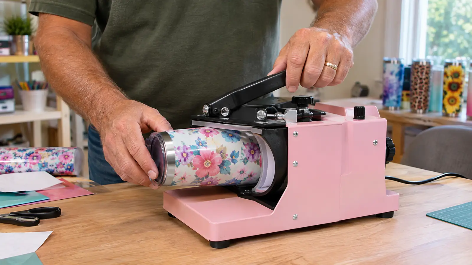 A hand setting a wrapped tumbler into the press, the clamp closed around it