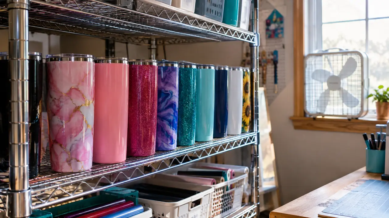 A row of finished sublimation tumblers in different colors on a wire shelf in a home craft room