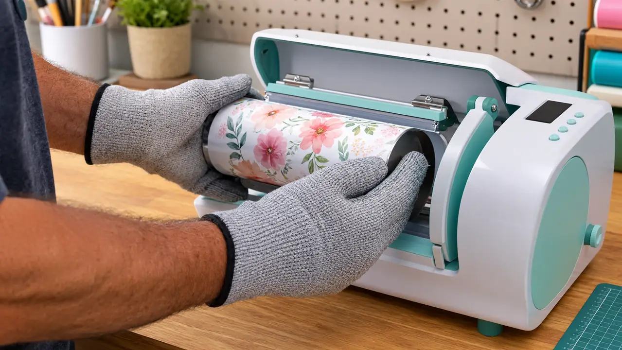 A hand in a heat-resistant glove placing a tumbler into the HTVRONT tumbler heat press