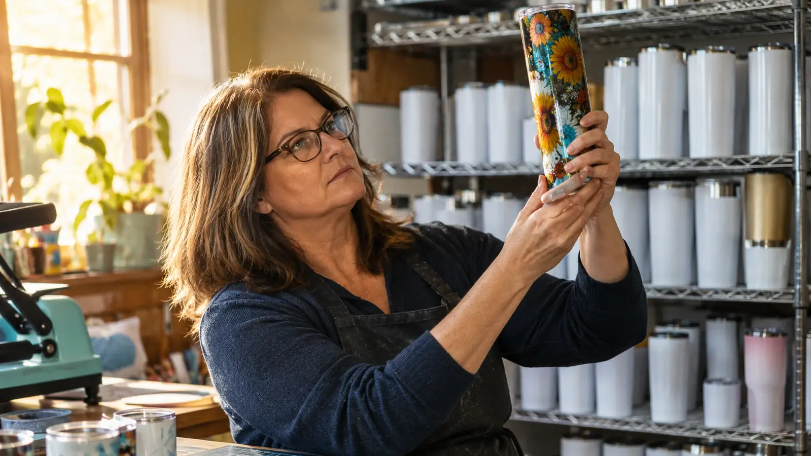 A woman in her fifties checking a finished sublimation tumbler for ghosting and color coverage at a craft table
