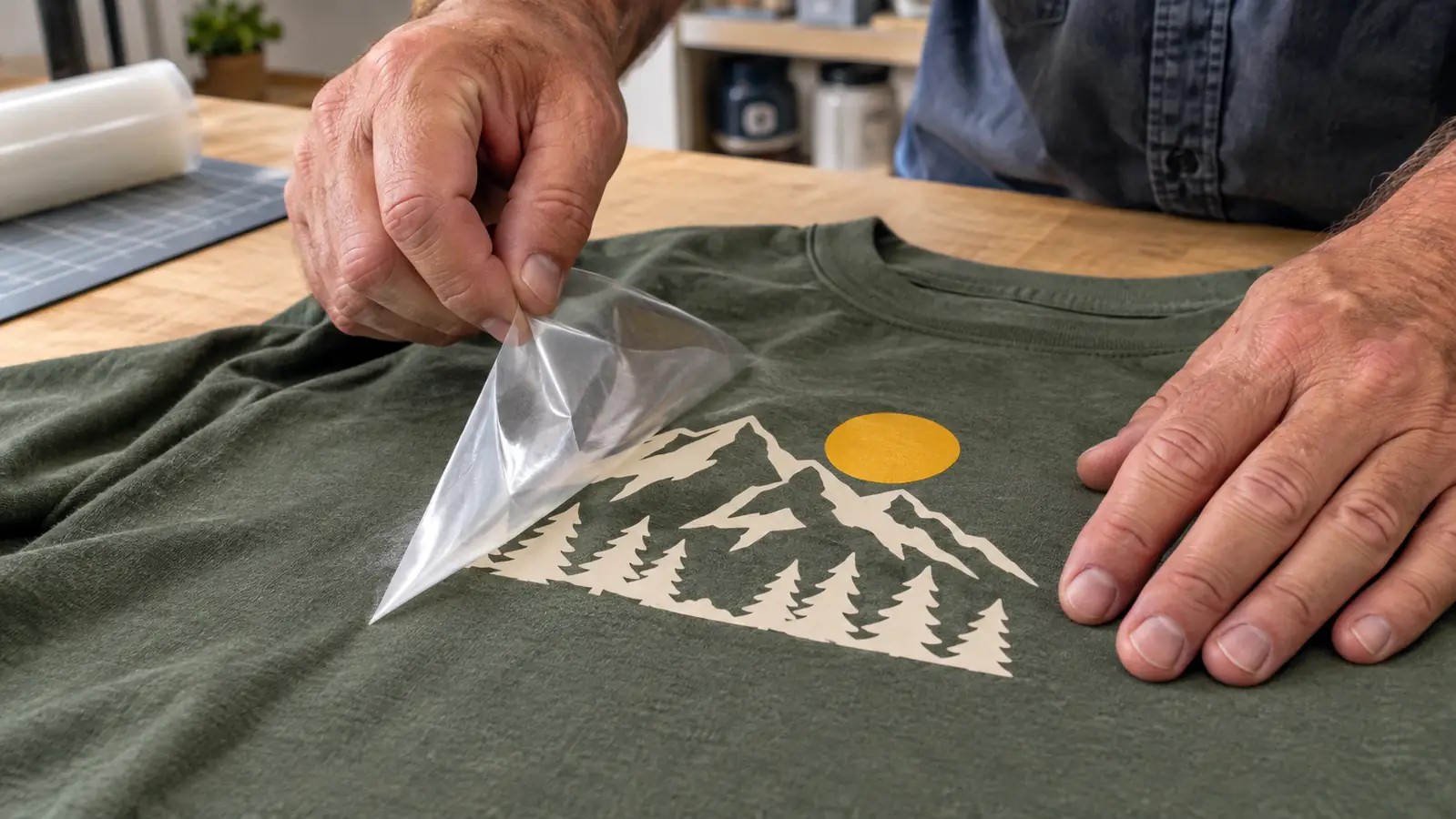 A hand peeling the clear carrier sheet off a freshly pressed vinyl design on a shirt, revealing the design underneath